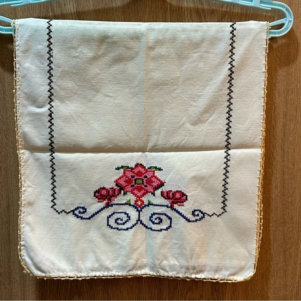 2 Vintage Hand Embroidered Table Runner Floral Design Crochet Edges MCM 13”x27”
